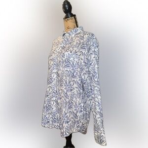 JMcLaughlin Indigo Floral Gramercy 100% Linen Woven Button Up Shirt Blue White M